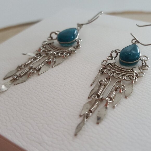 Vintage Bohemian Style Blue/Green Stone Dangle Earrings - Picture 7 of 7